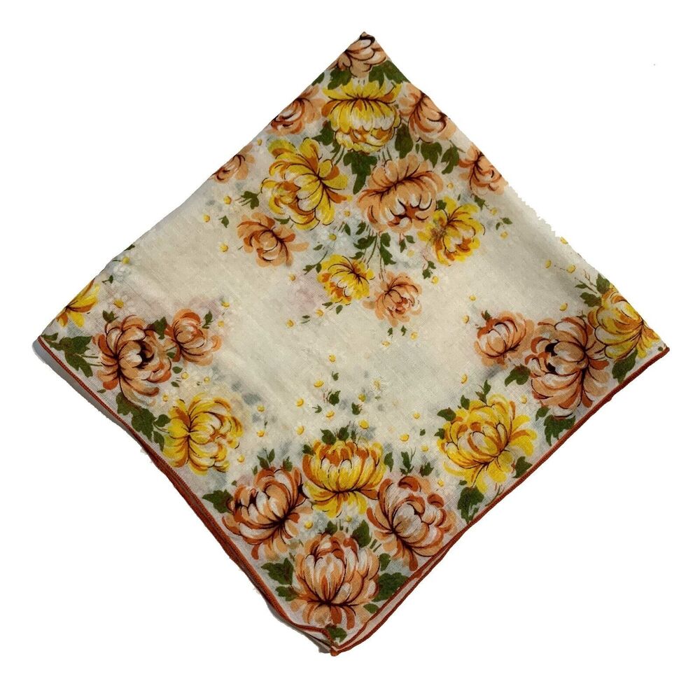Orange Yellow Floral Handkerchief Chrysanthemum Cottage Core Granny Vintage